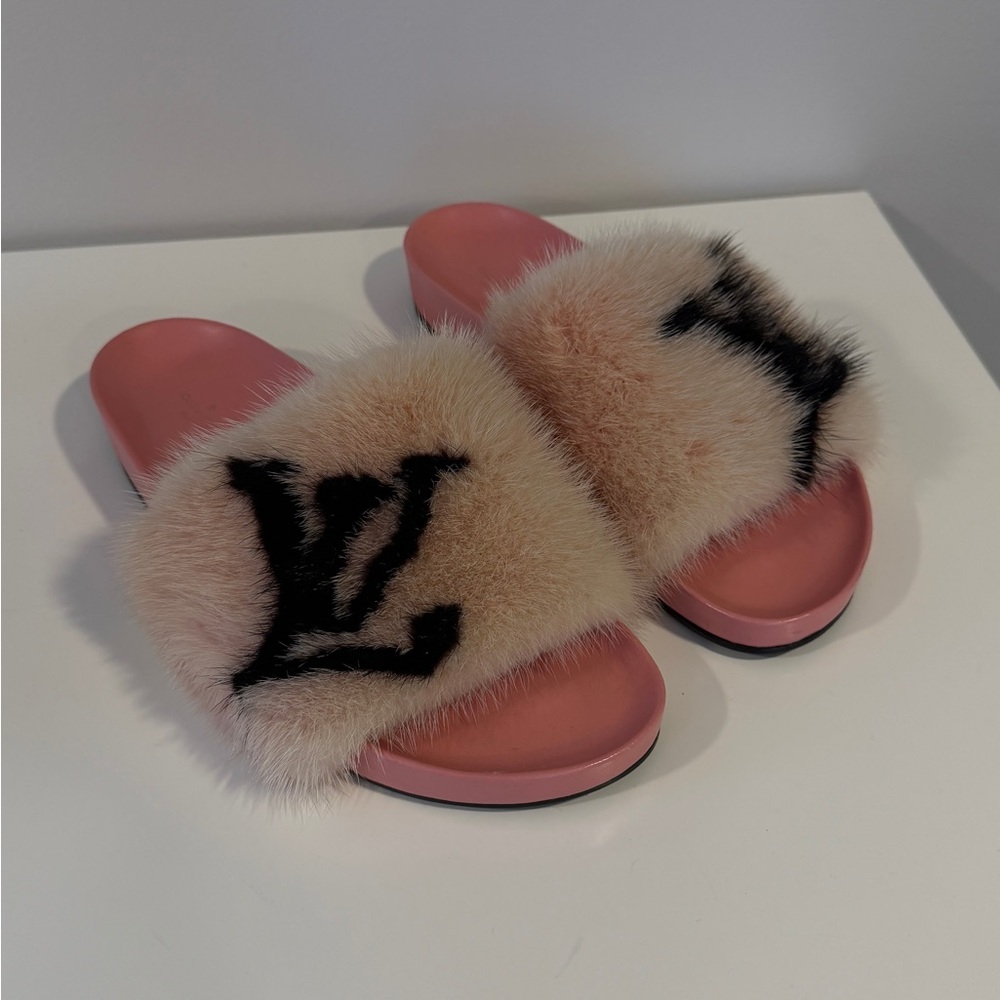 Louis Vuitton Pink and Cream Fur Slippers